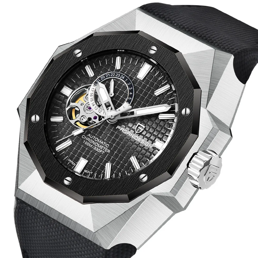 Luxury watch with black and silver design on a white background