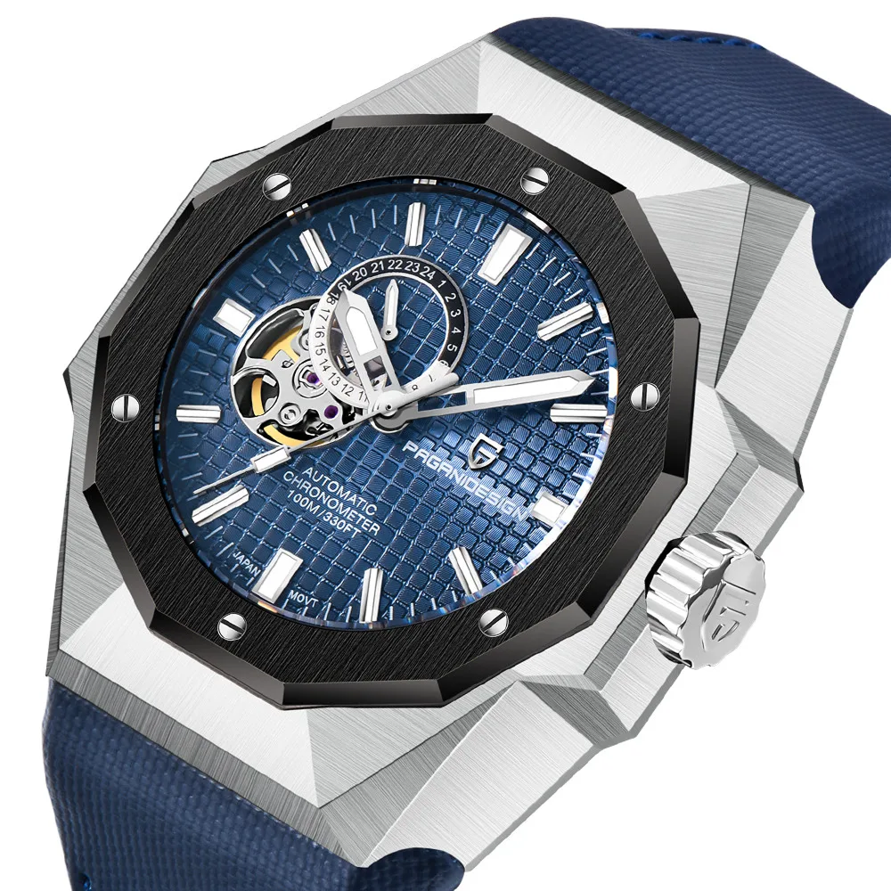 Luxury watch with blue face and strap on a white background