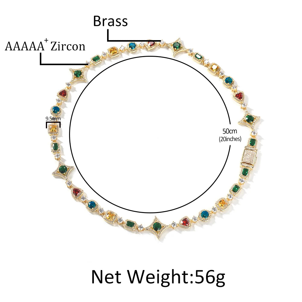 MIMOTTA PARADOX diagram showing brass base, AAAAA zirconia and 20 inch necklace length