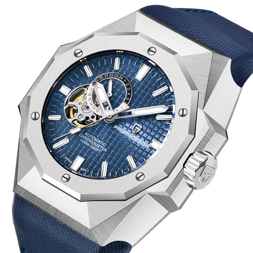 Luxury watch with blue face and blue strap on a white background