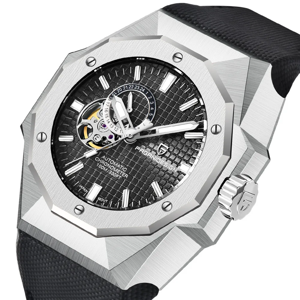Luxury watch with a black face and silver case on a white background