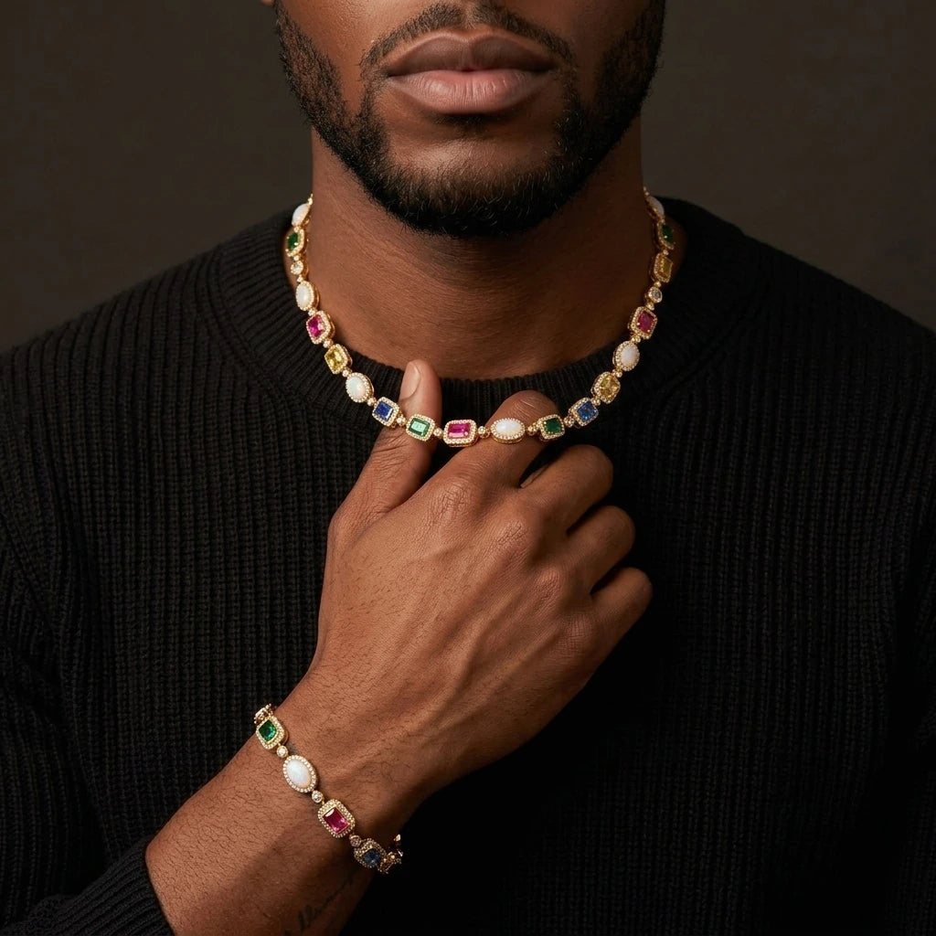 MIMOTTA CIPHER bracelet and necklace worn together