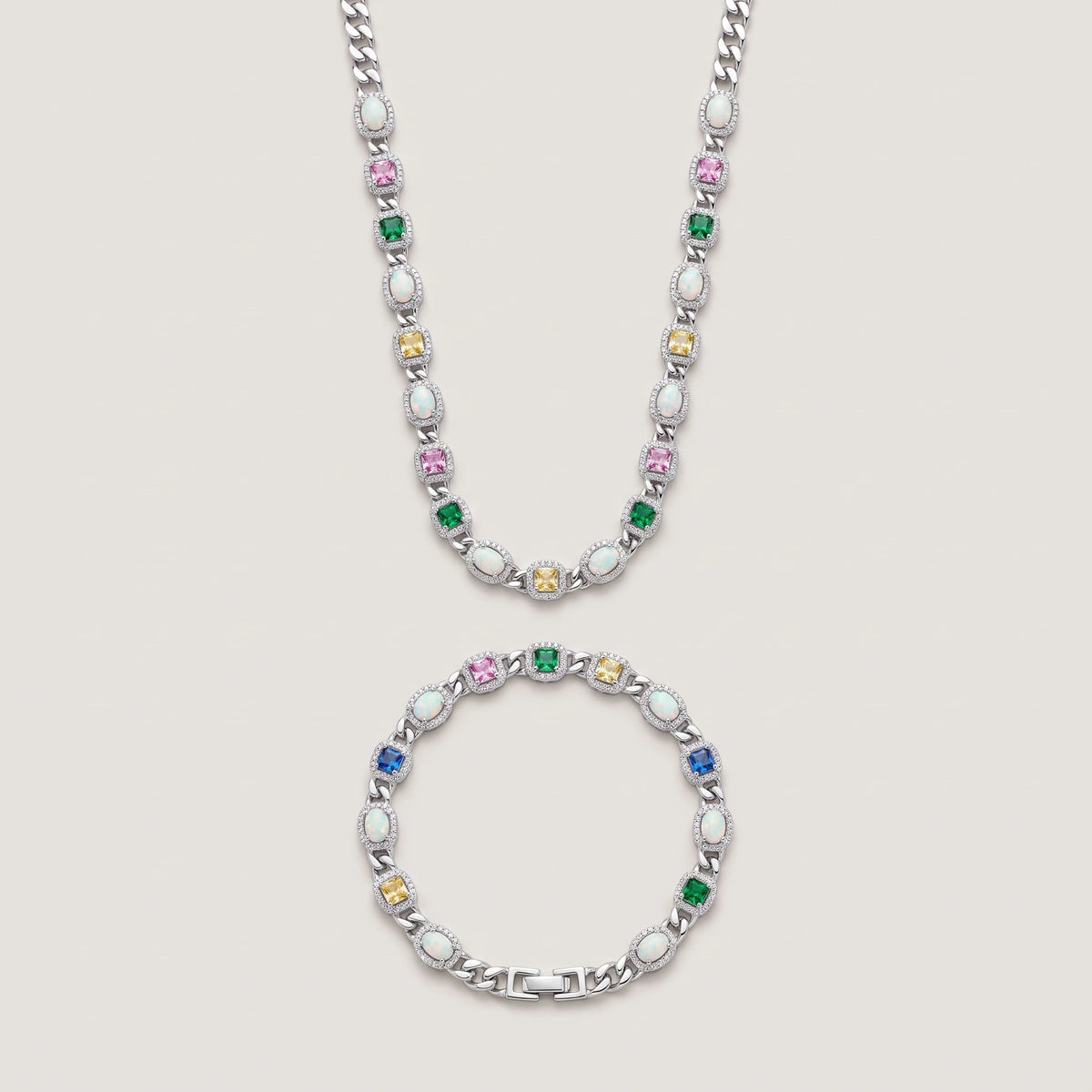 MIMOTTA CIPHER tennis bracelet in silver tone with matching necklace