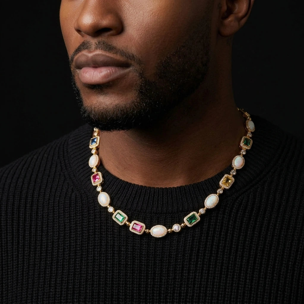 MIMOTTA CIPHER necklace worn on the neck, three-quarter view