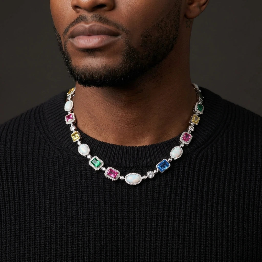 MIMOTTA CIPHER necklace in silver tone worn on the neck