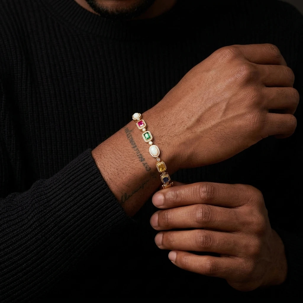 MIMOTTA CIPHER tennis bracelet worn on the wrist, side view