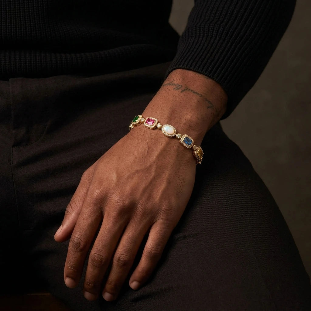 MIMOTTA CIPHER tennis bracelet worn on the wrist, top view