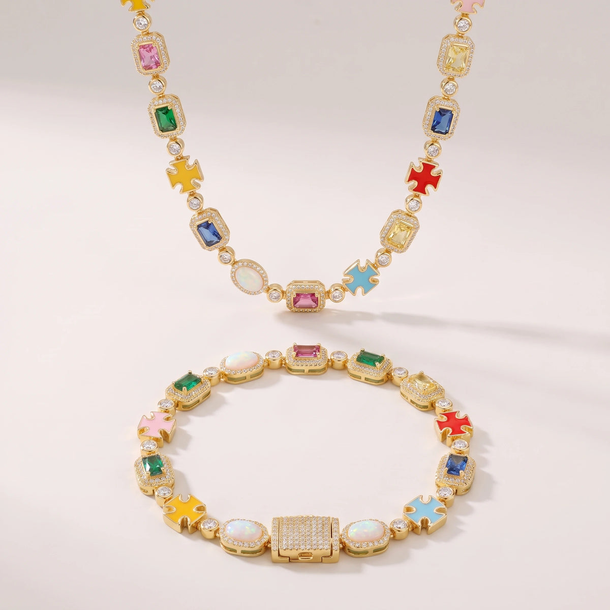 MIMOTTA CREED gemstone bracelet in gold tone with matching necklace