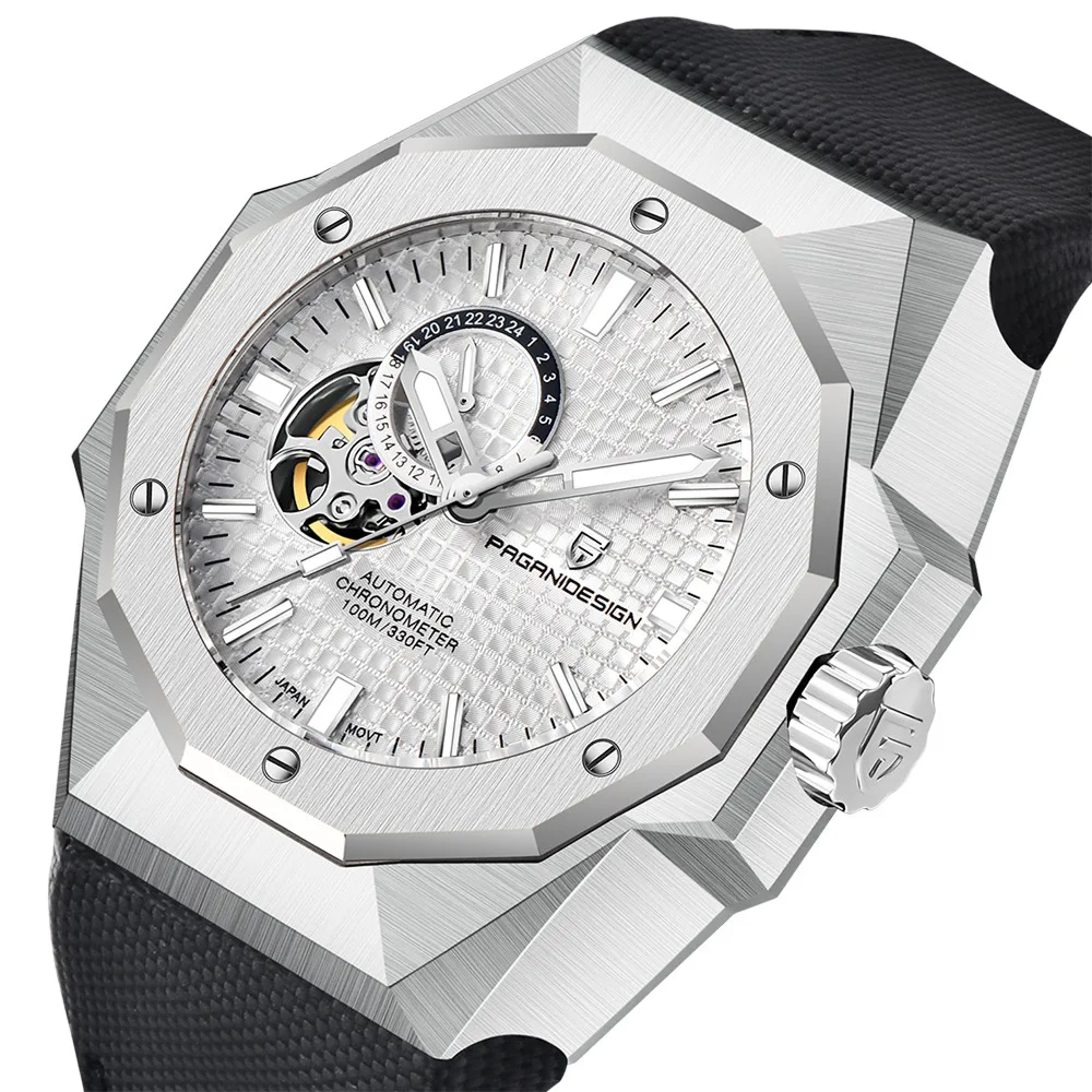 Luxury watch with a black strap and silver case on a white background