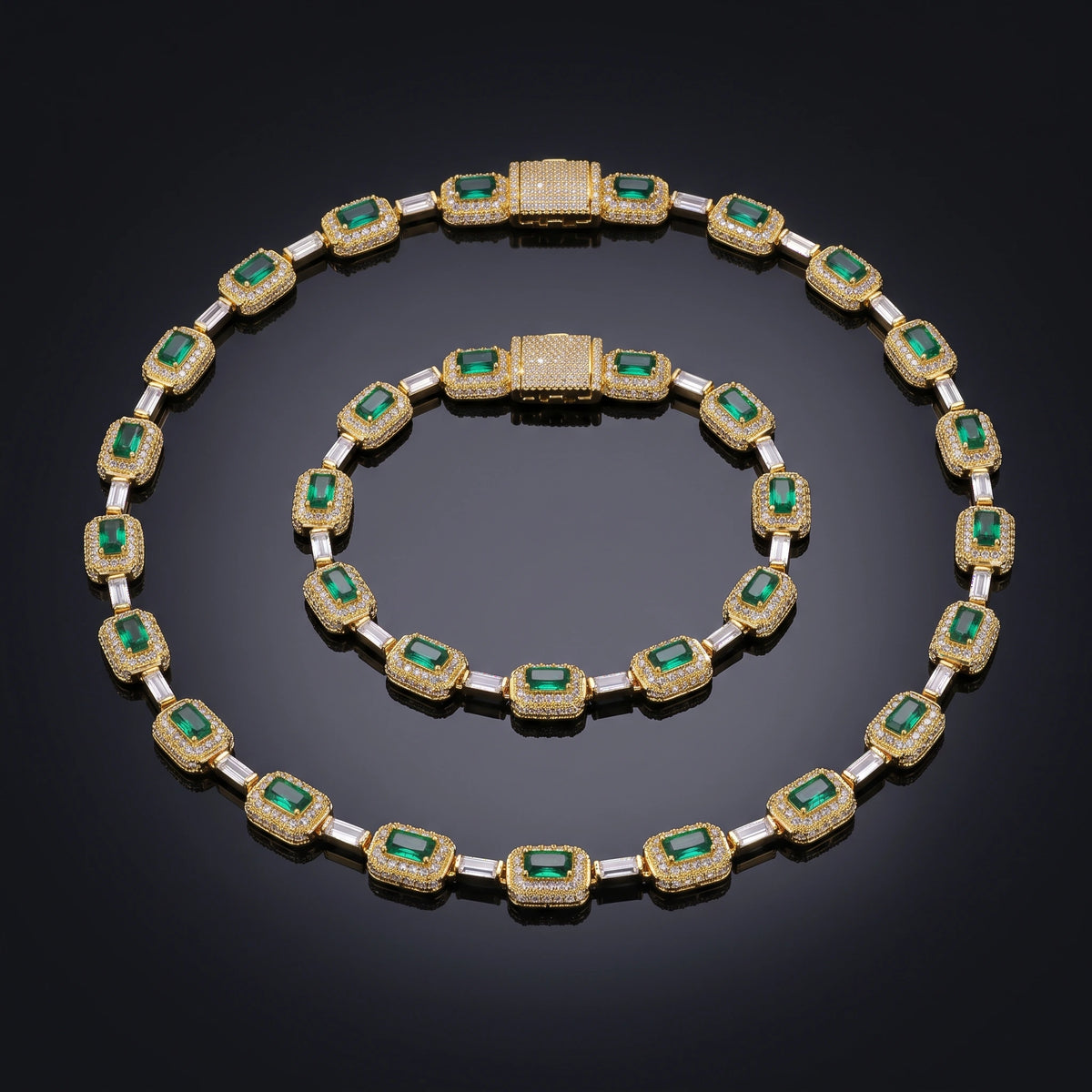 MIMOTTA VAULT bracelet and necklace set on a black mirror