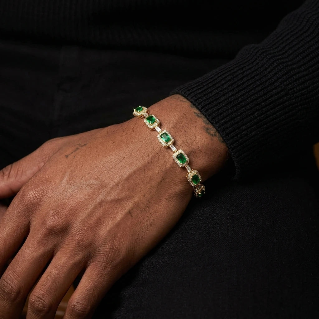 MIMOTTA VAULT tennis bracelet worn on the wrist, top view