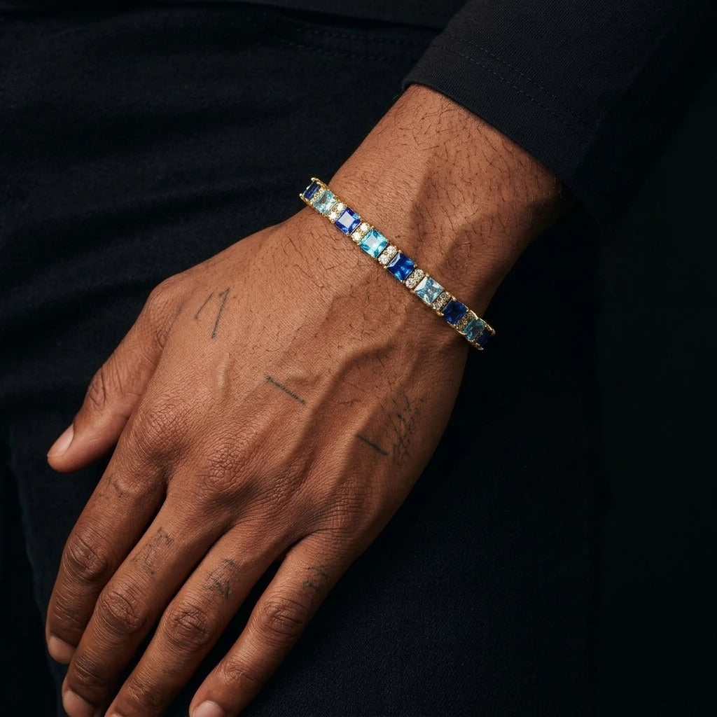 MIMOTTA ZENITH tennis bracelet worn on the wrist, top view