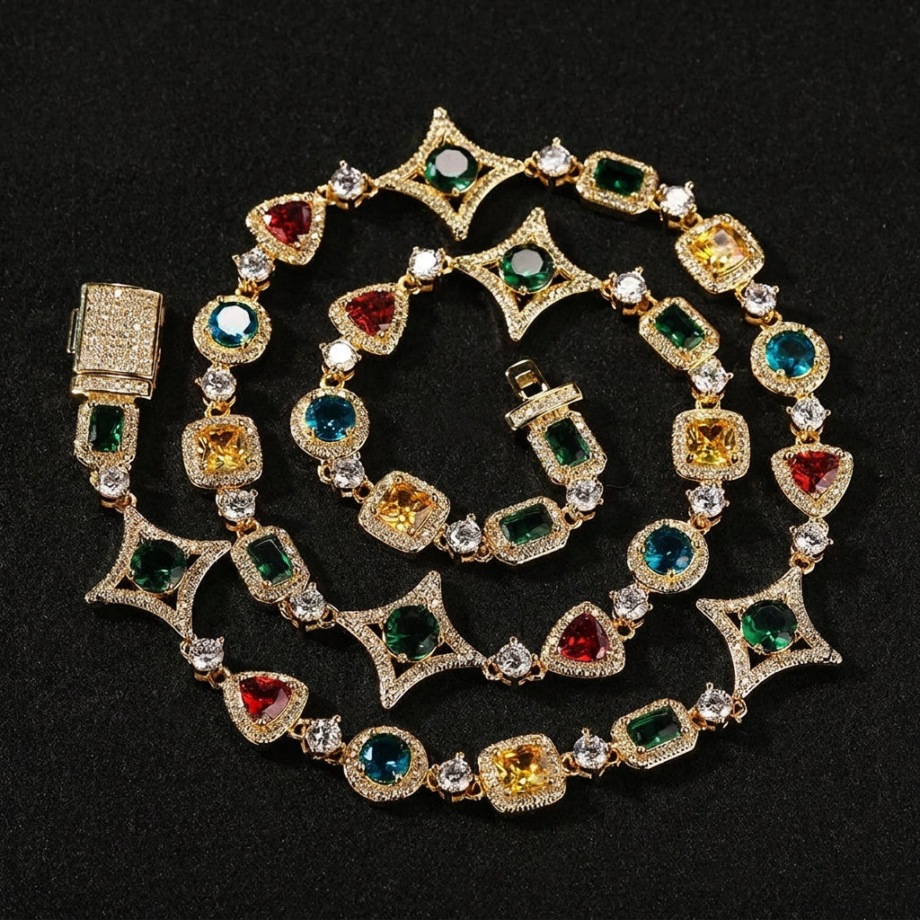 MIMOTTA PARADOX design in gold tone shown as a chain with multicolor zirconia and star links