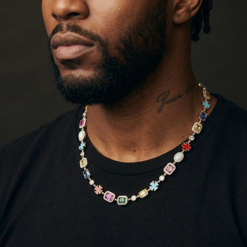 MIMOTTA CREED necklace worn on the neck, three-quarter view