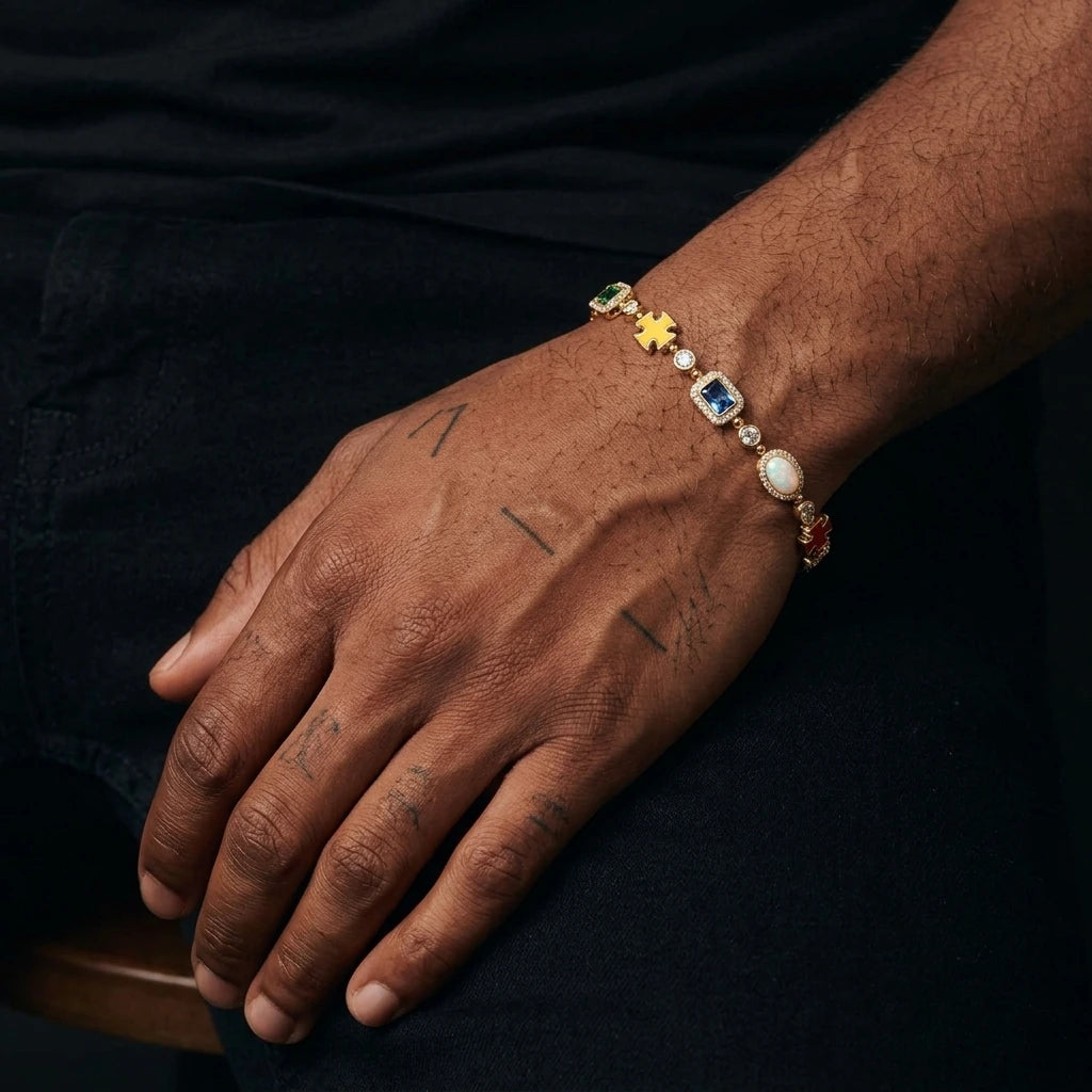 MIMOTTA CREED gemstone bracelet worn on the wrist, top view