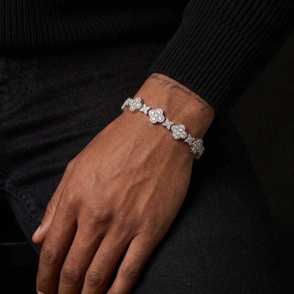 MIMOTTA DYNASTY tennis bracelet in silver tone worn on the wrist