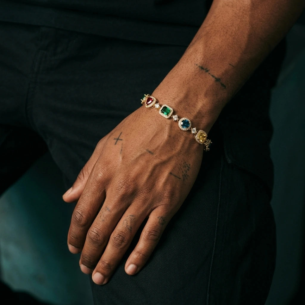 MIMOTTA PARADOX gemstone bracelet worn on the wrist, top view