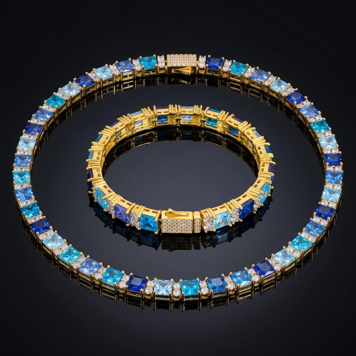 MIMOTTA ZENITH bracelet and necklace set on a black mirror
